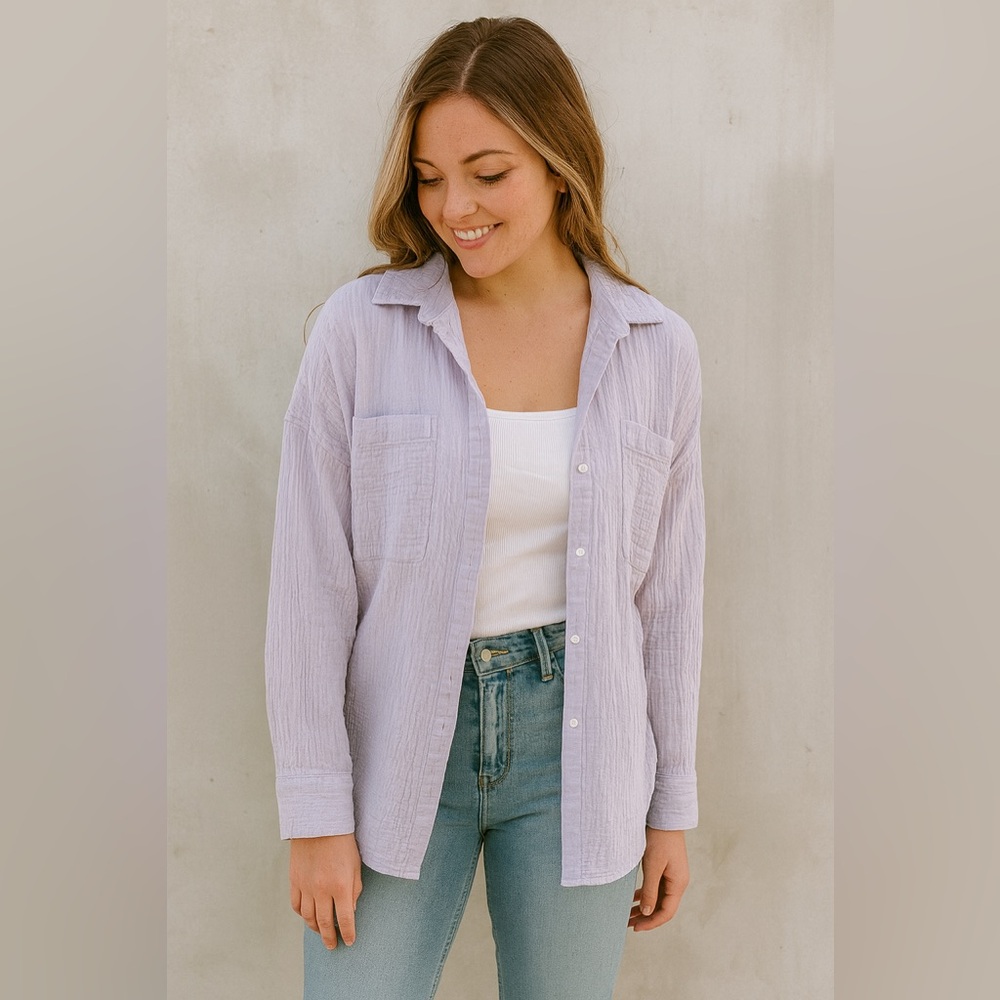 Upwest Coastal Cotton Button-Up Shirt in Lilac Purple S NWOT